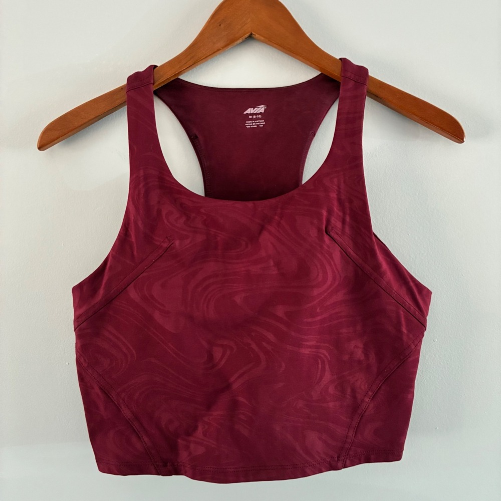 Avia Sports Bra Wom Medium Burgundy Marble Swirl Racerback Crop Top Activewear